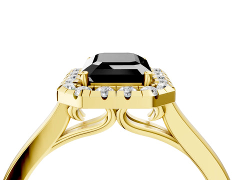 Yellow gold Fancy Black Emerald Cut Halo Round Diamond Solitaire Ring with Pavé Band and Four-Prong Setting_4