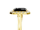 Yellow gold Fancy Black Emerald Cut Halo Round Diamond Solitaire Ring with Pavé Band and Four-Prong Setting_5