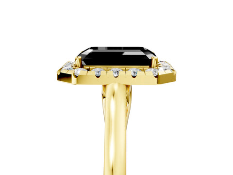 Yellow gold Fancy Black Emerald Cut Halo Round Diamond Solitaire Ring with Pavé Band and Four-Prong Setting_5