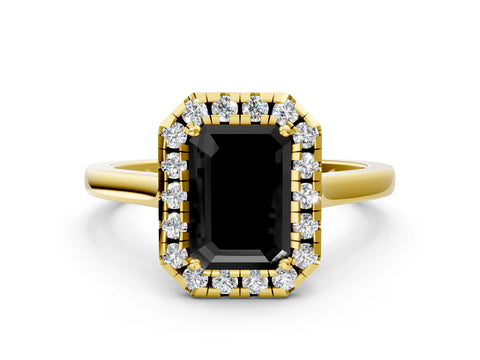 Yellow gold Fancy Black Emerald Cut Halo Round Diamond Solitaire Ring with Pavé Band and Four-Prong Setting