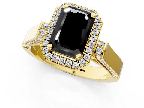 Yellow gold Fancy Black Emerald Cut Halo Round Diamond Twist Band with Four-Prong Setting_1