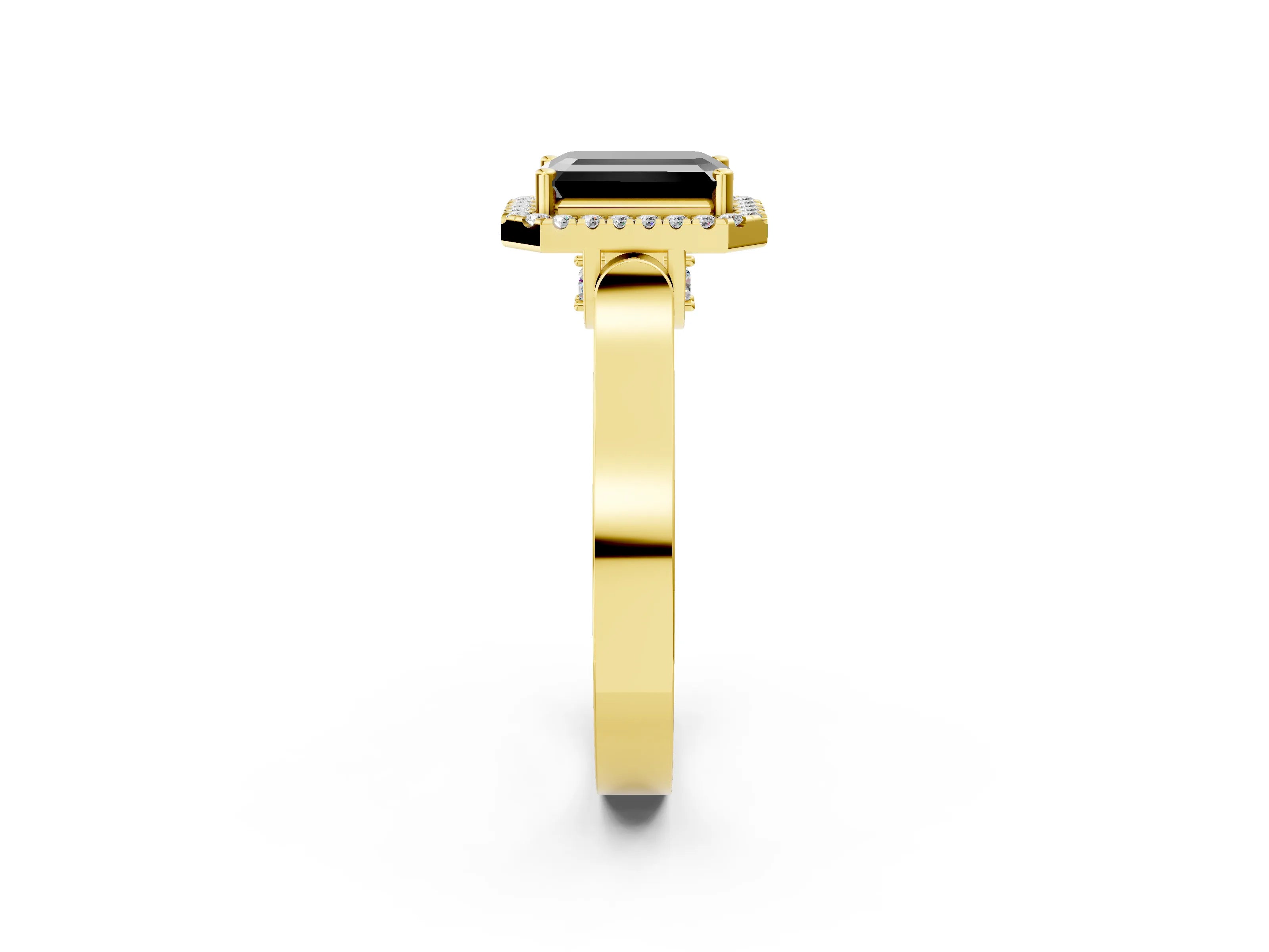 Yellow gold Fancy Black Emerald Cut Halo Round Diamond Twist Band with Four-Prong Setting_2