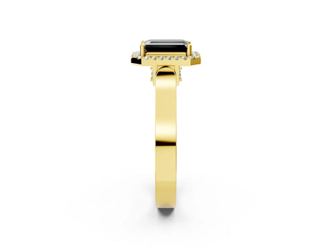 Yellow gold Fancy Black Emerald Cut Halo Round Diamond Twist Band with Four-Prong Setting_2