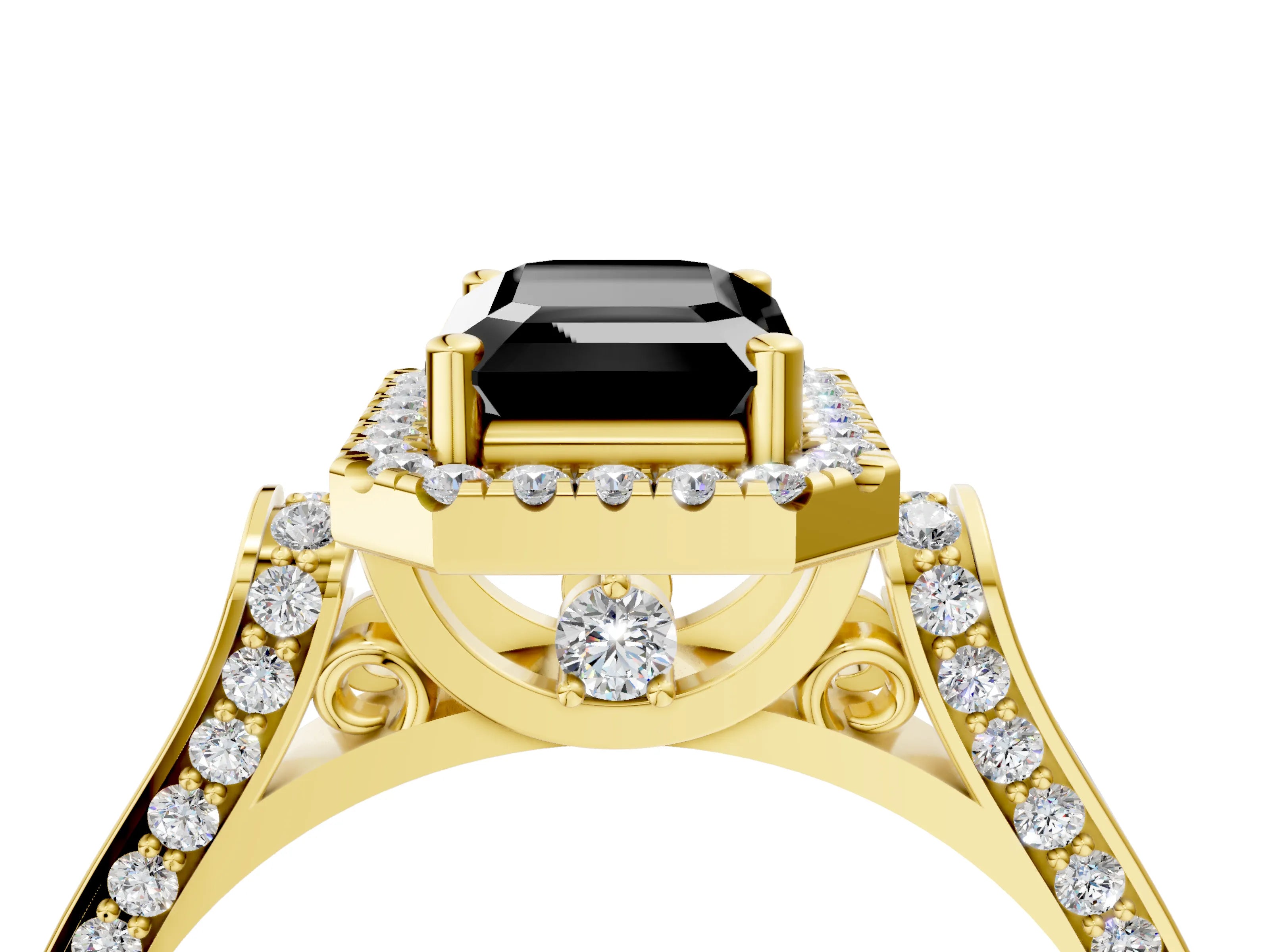 Yellow gold Fancy Black Emerald Cut Halo Round Diamond Twist Band with Four-Prong Setting_4