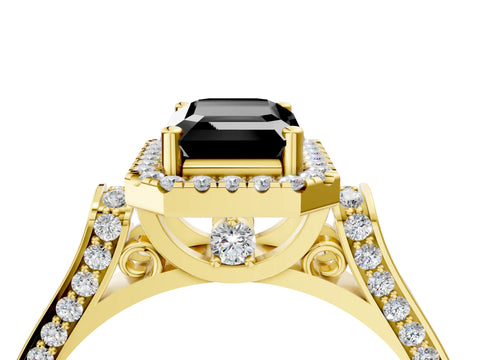 Yellow gold Fancy Black Emerald Cut Halo Round Diamond Twist Band with Four-Prong Setting_4