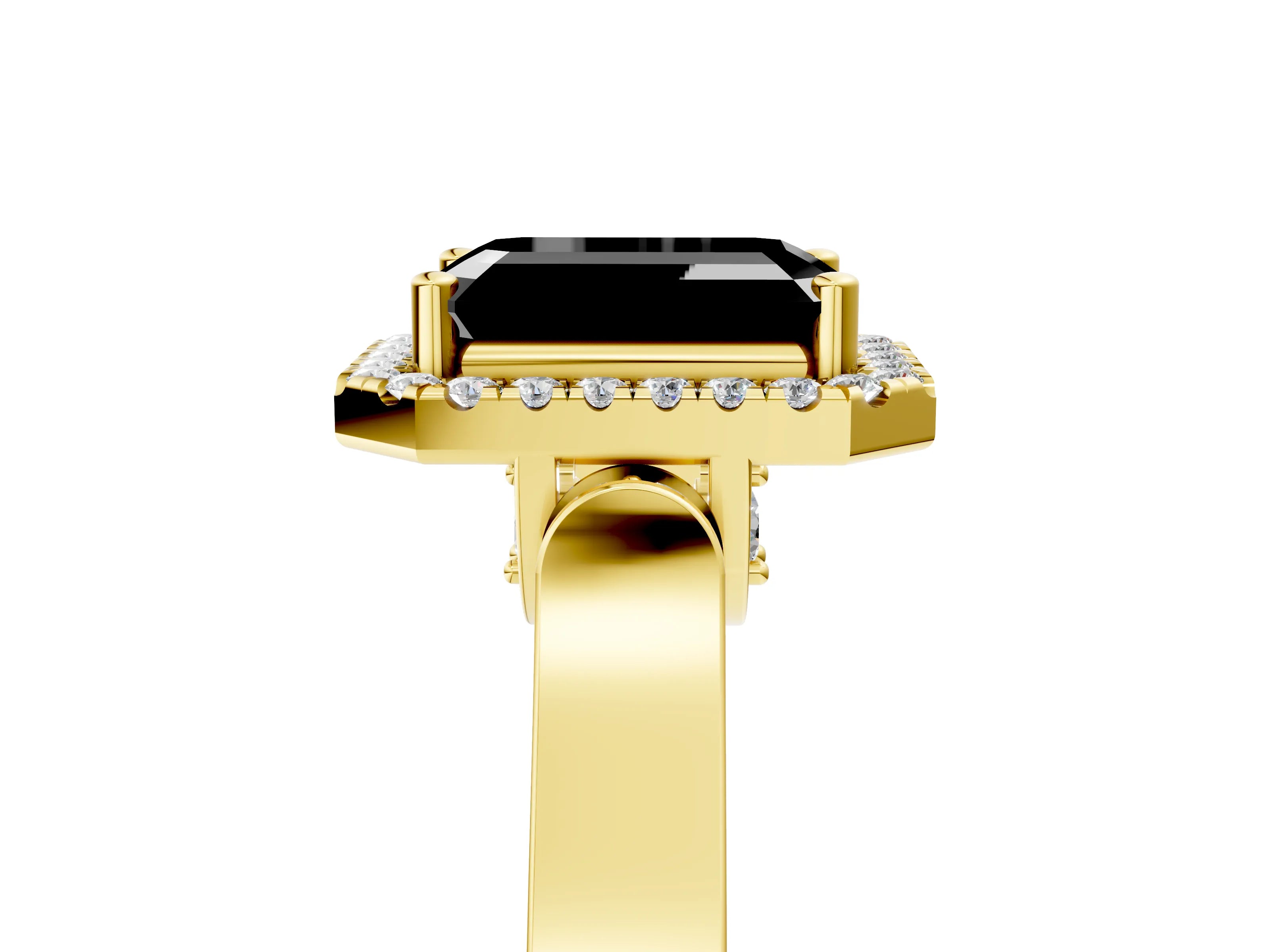 Yellow gold Fancy Black Emerald Cut Halo Round Diamond Twist Band with Four-Prong Setting_5