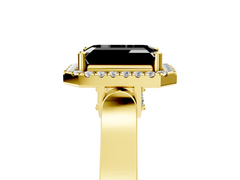 Yellow gold Fancy Black Emerald Cut Halo Round Diamond Twist Band with Four-Prong Setting_5