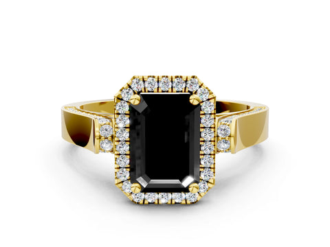 Yellow gold Fancy Black Emerald Cut Halo Round Diamond Twist Band with Four-Prong Setting