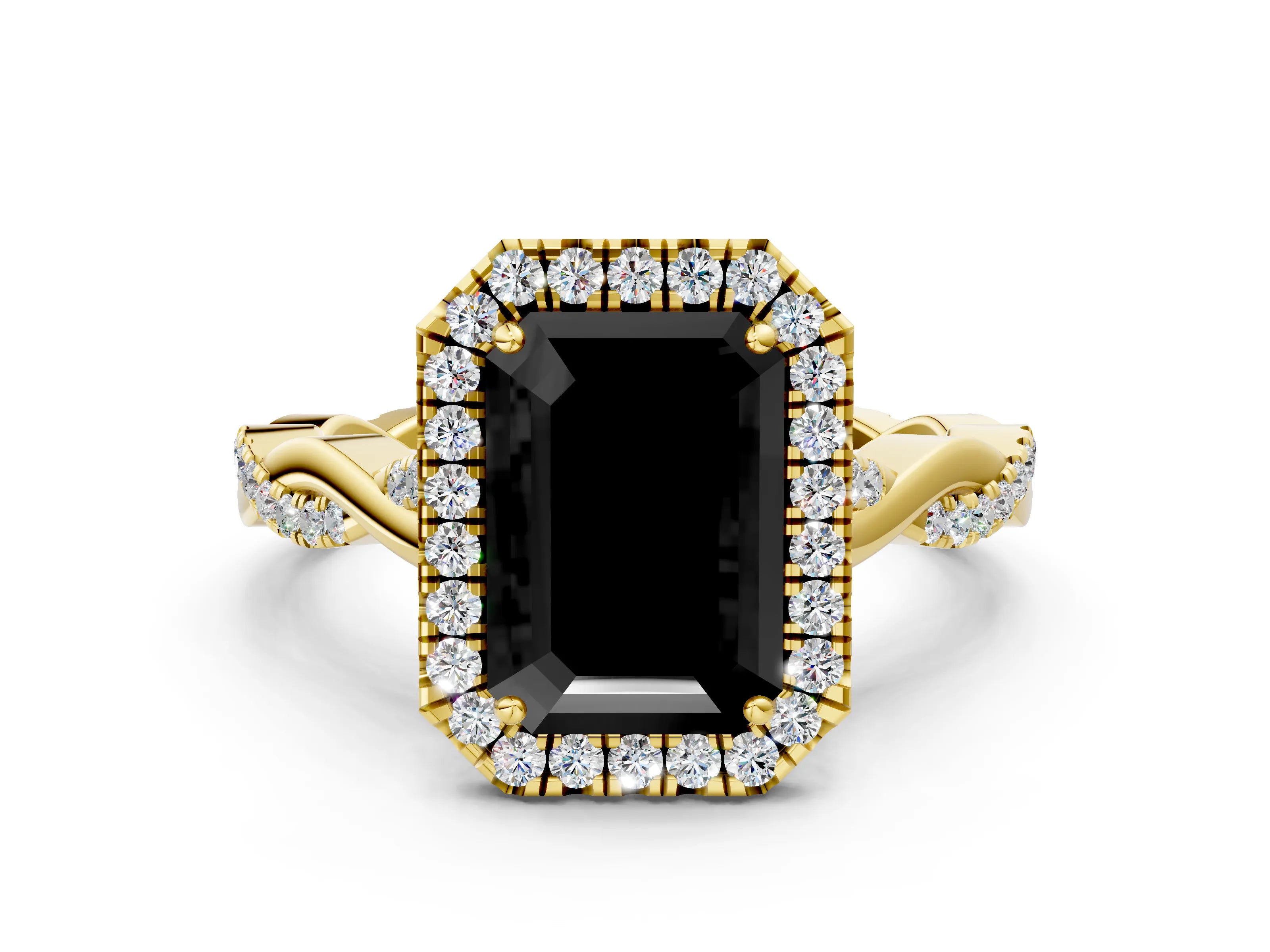 Yellow gold Fancy Black Emerald Cut Halo Twist Band with Four-Prong Setting