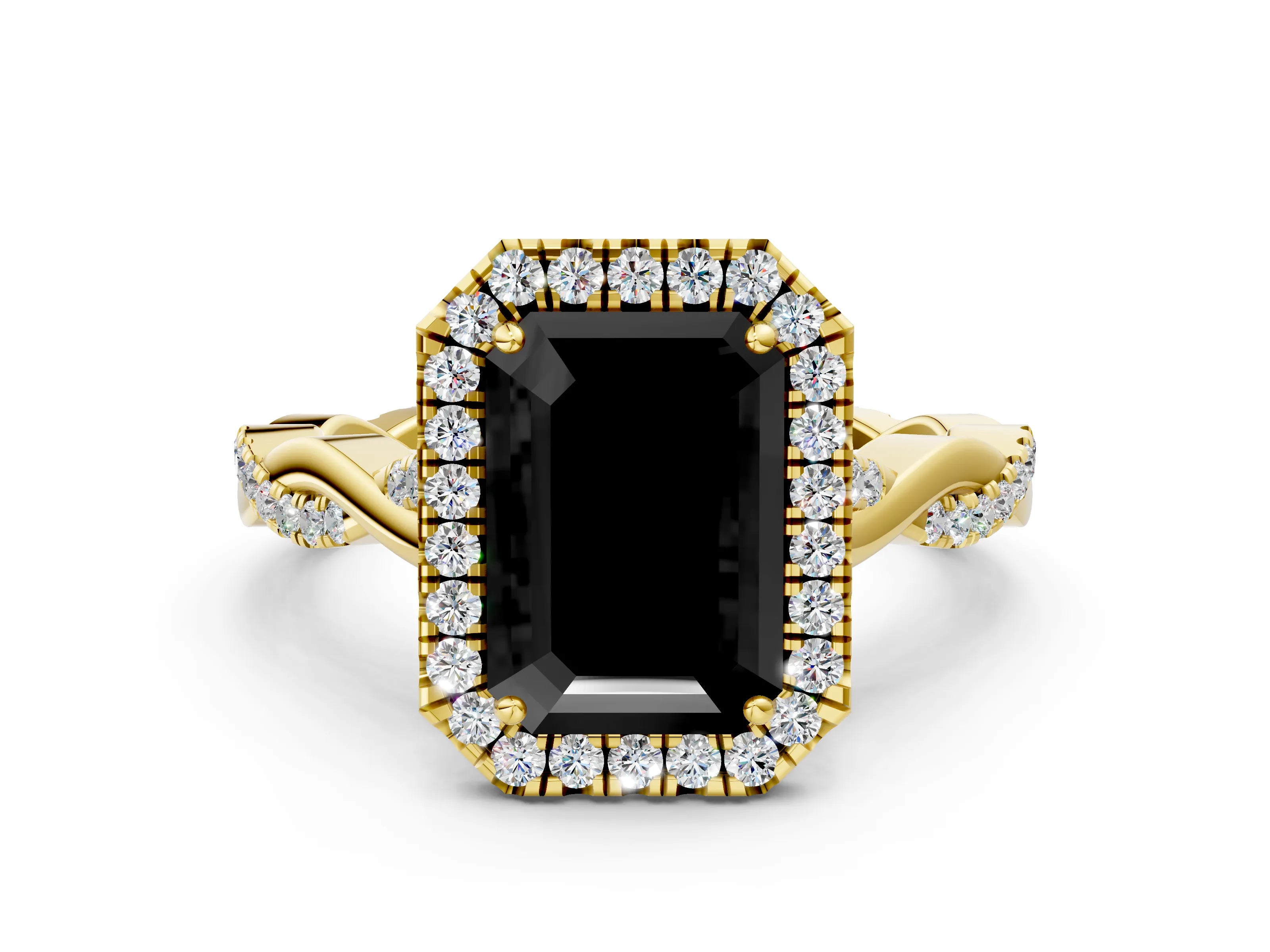 Yellow gold Fancy Black Emerald Cut Halo Twist Band with Four-Prong Setting_12