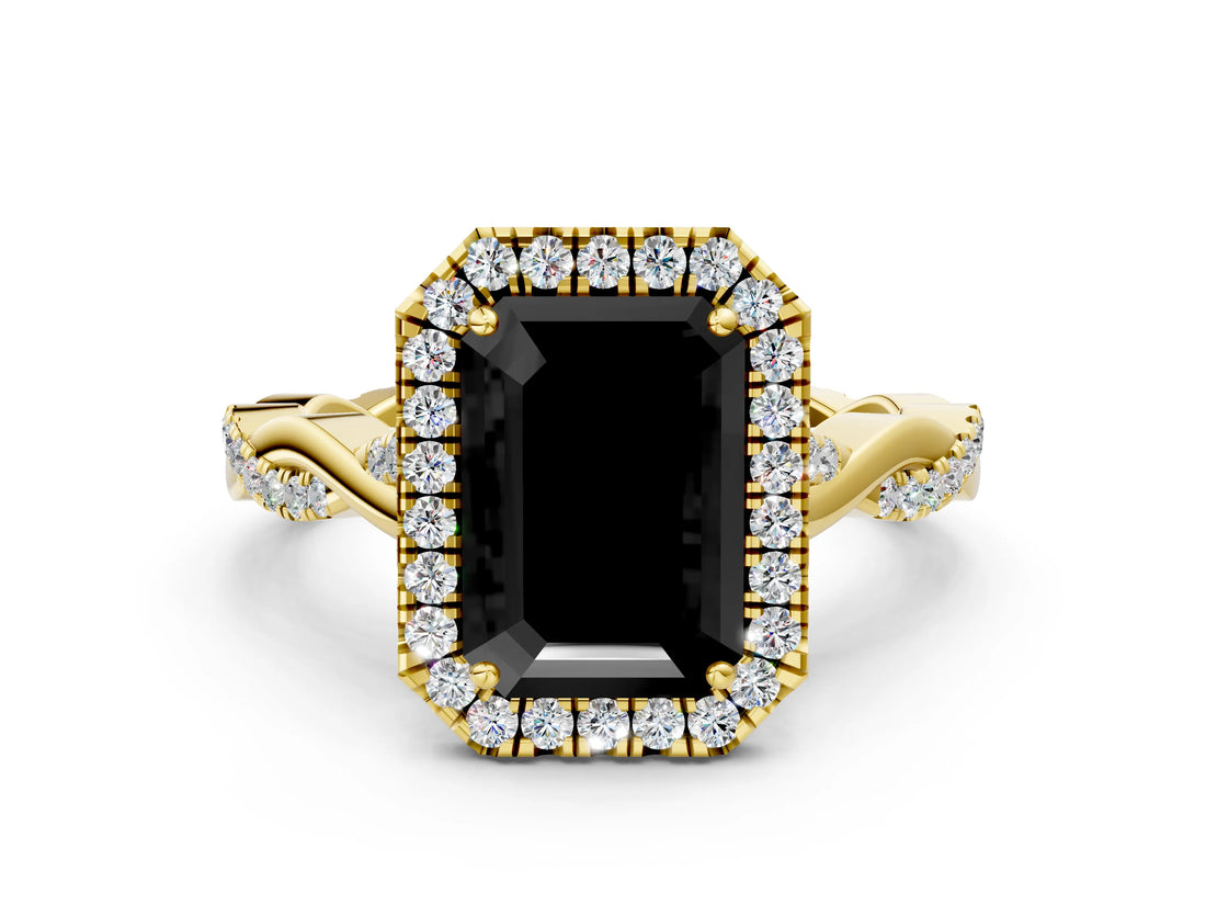 Yellow gold Fancy Black Emerald Cut Halo Twist Band with Four-Prong Setting_12