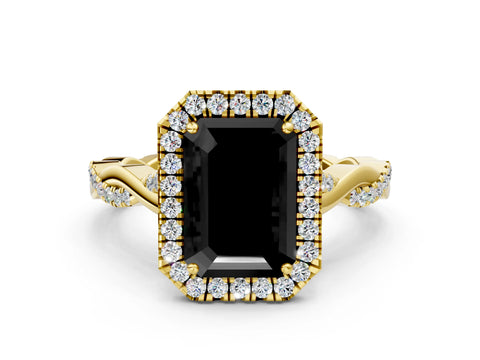 Yellow gold Fancy Black Emerald Cut Halo Twist Band with Four-Prong Setting_12
