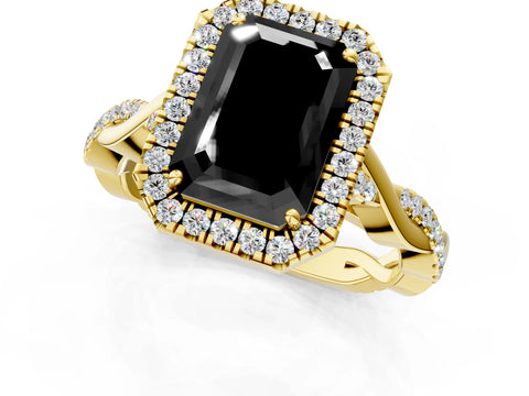 Yellow gold Fancy Black Emerald Cut Halo Twist Band with Four-Prong Setting_13