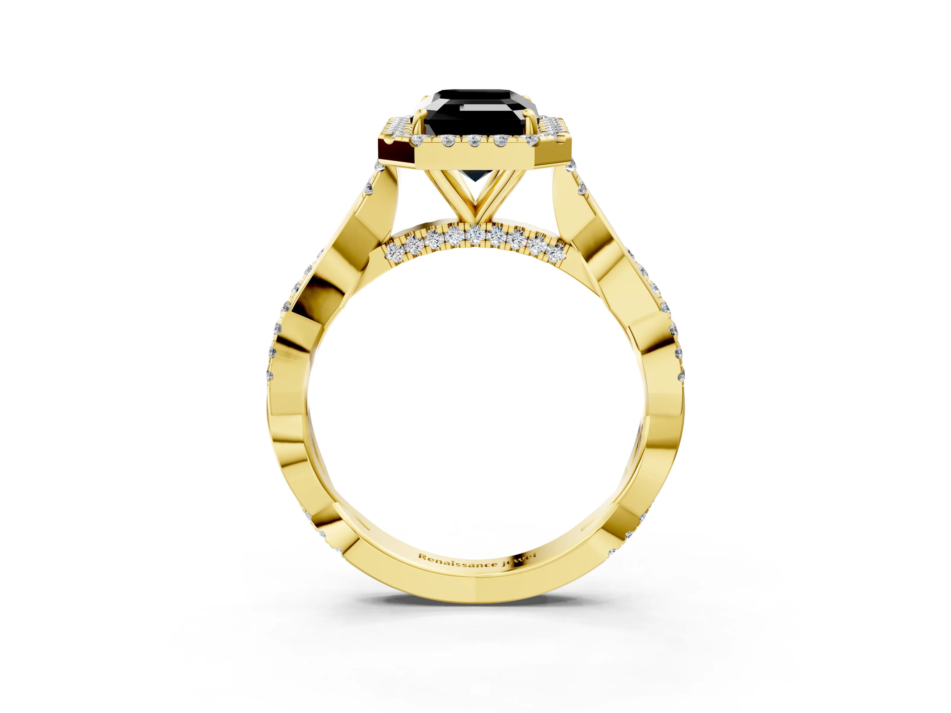 Yellow gold Fancy Black Emerald Cut Halo Twist Band with Four-Prong Setting_15