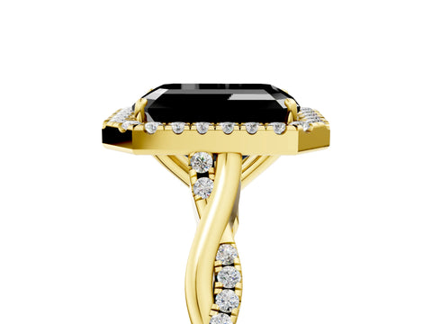 Yellow gold Fancy Black Emerald Cut Halo Twist Band with Four-Prong Setting_17