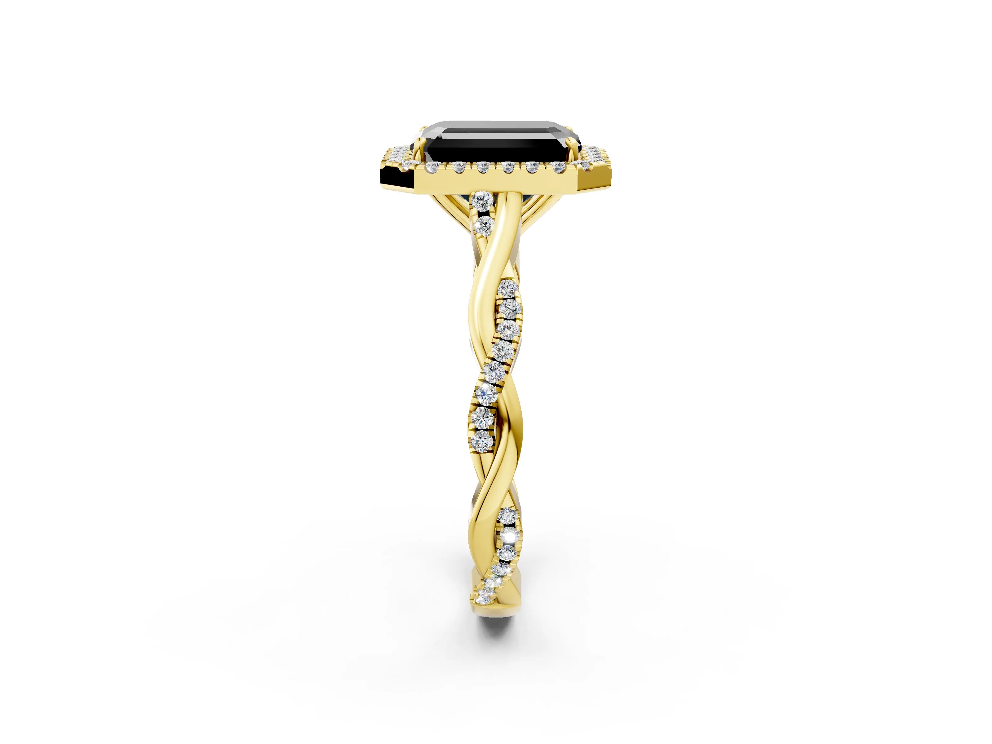 Yellow gold Fancy Black Emerald Cut Halo Twist Band with Four-Prong Setting_2