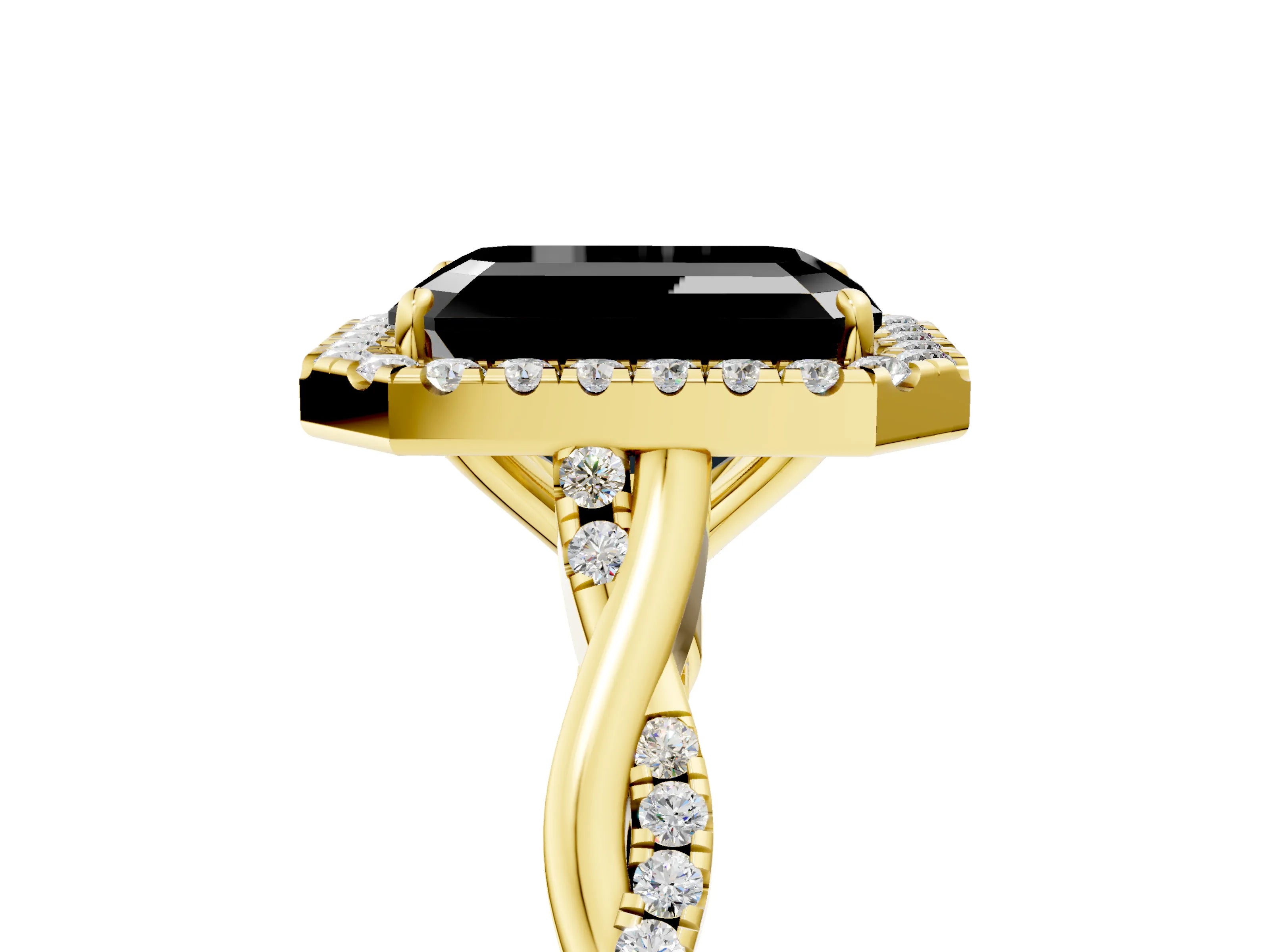 Yellow gold Fancy Black Emerald Cut Halo Twist Band with Four-Prong Setting_5