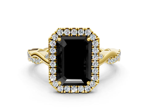 Yellow gold Fancy Black Emerald Cut Halo Twist Band with Four-Prong Setting