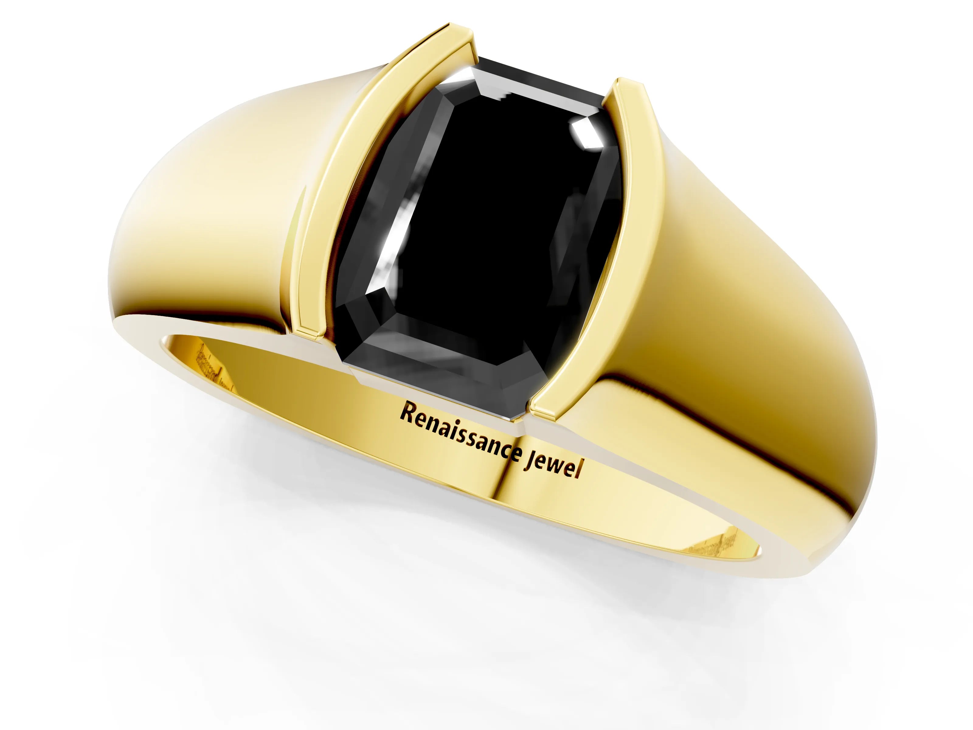 Yellow gold Fancy Black Emerald Cut Solitaire Bezel Set Diamond Ring with Wide Band_1