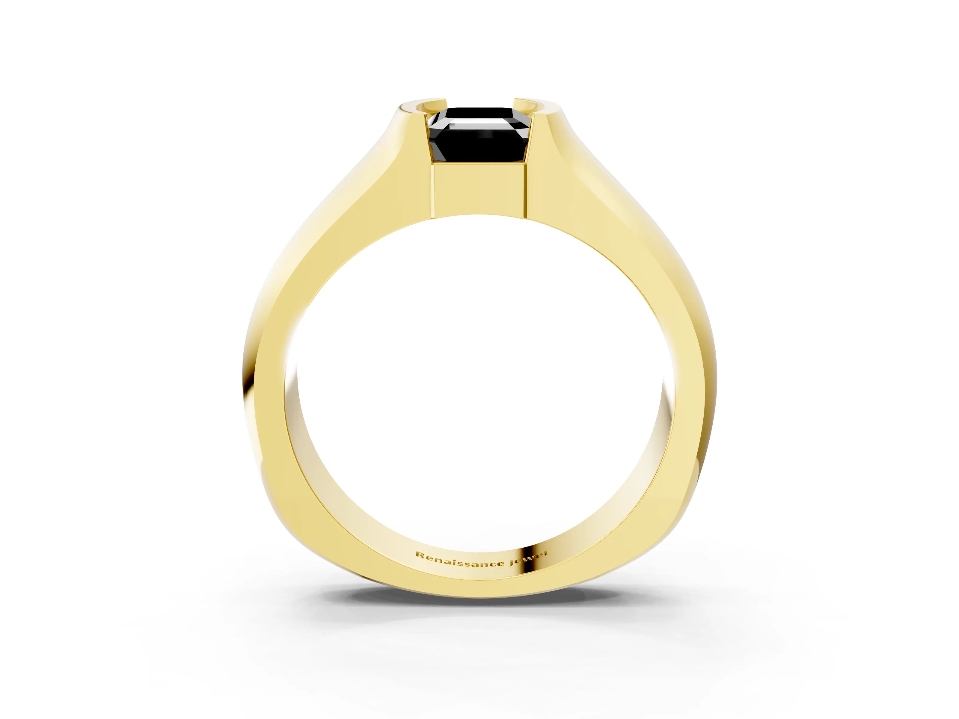 Yellow gold Fancy Black Emerald Cut Solitaire Bezel Set Diamond Ring with Wide Band_3