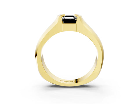 Yellow gold Fancy Black Emerald Cut Solitaire Bezel Set Diamond Ring with Wide Band_3