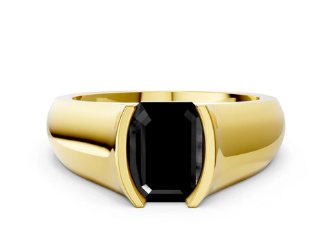 Yellow gold Fancy Black Emerald Cut Solitaire Bezel Set Diamond Ring with Wide Band