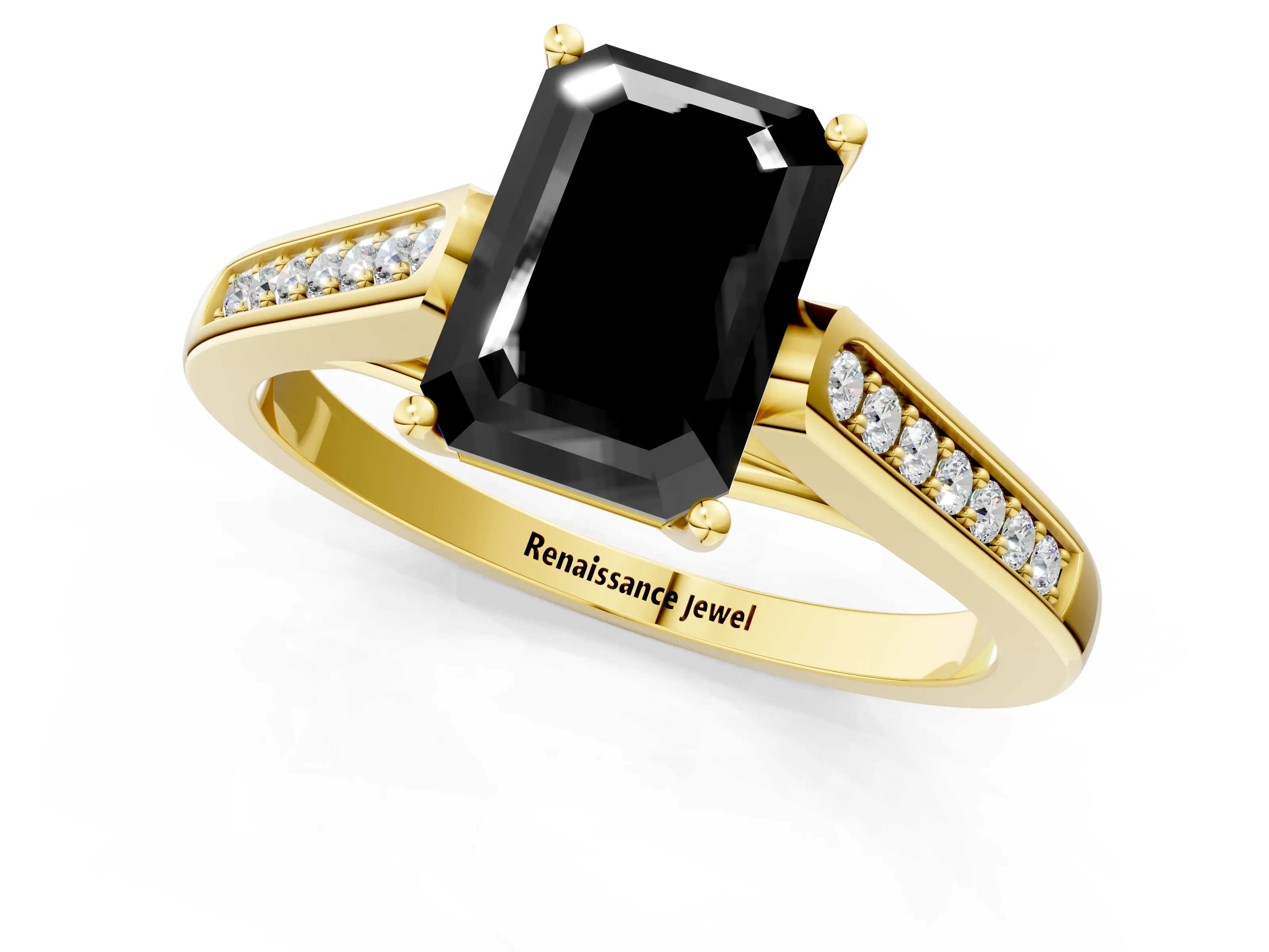 Yellow gold Fancy Black Emerald Cut Solitaire Cathedral Diamond Engagement Ring with Channel-Set Band and Four-Prong Setting_4