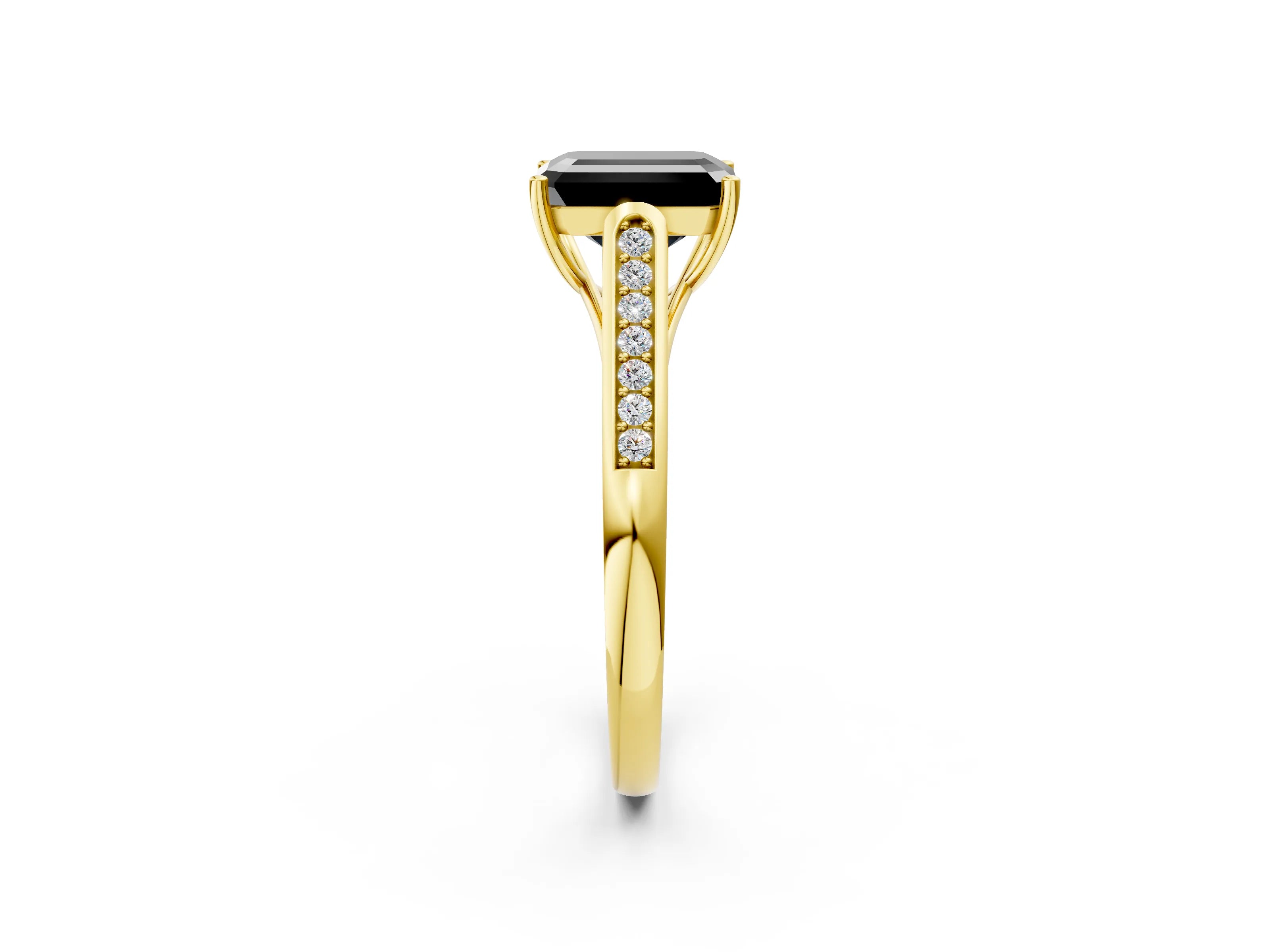 Yellow gold Fancy Black Emerald Cut Solitaire Cathedral Diamond Engagement Ring with Channel-Set Band and Four-Prong Setting_5