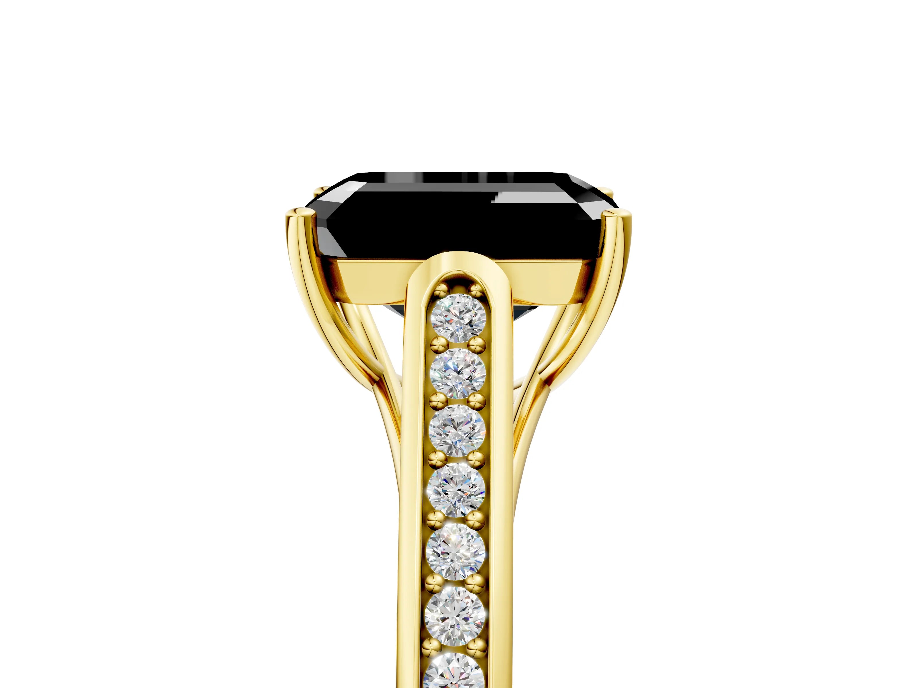 Yellow gold Fancy Black Emerald Cut Solitaire Cathedral Diamond Engagement Ring with Channel-Set Band and Four-Prong Setting_8