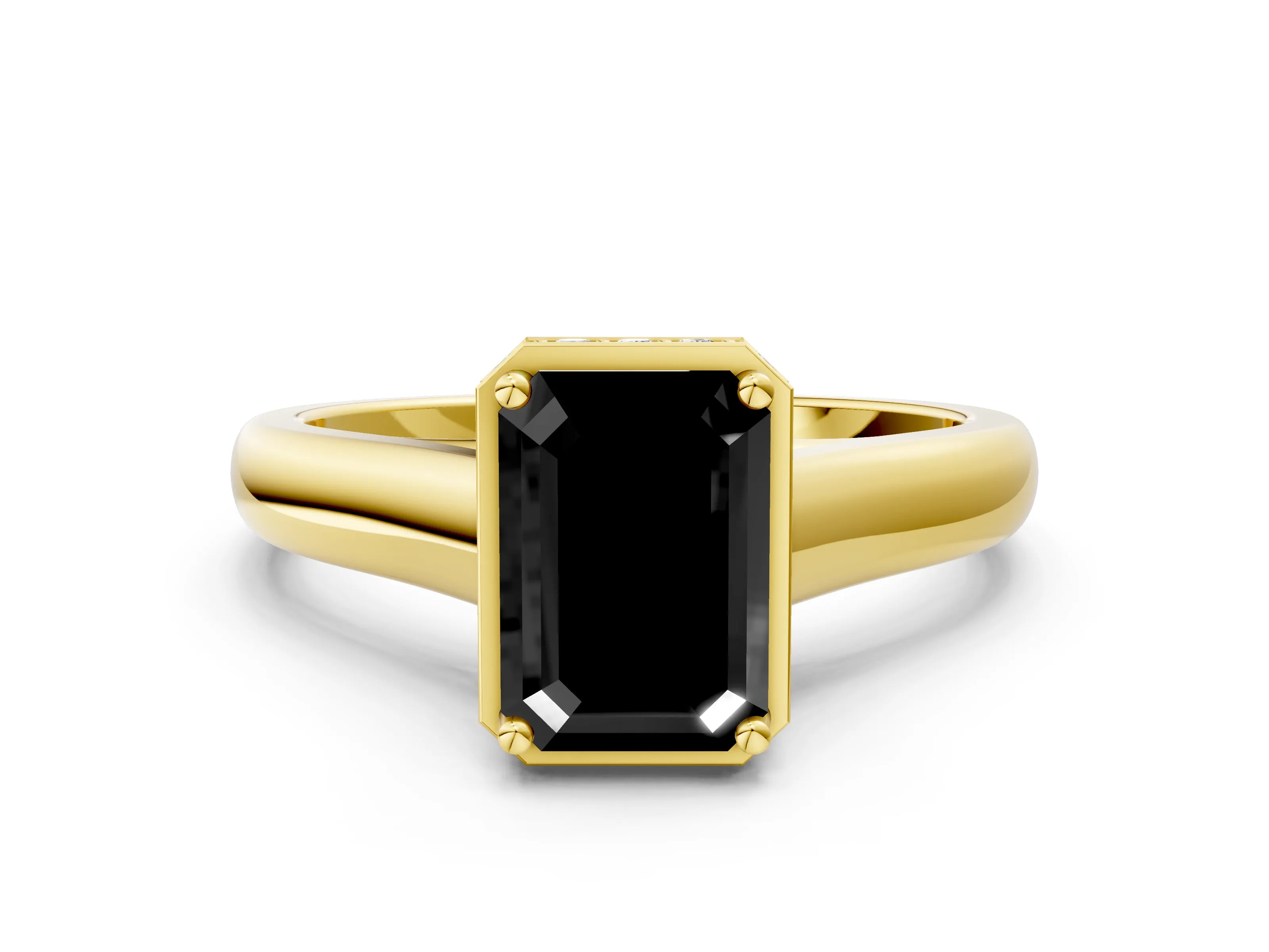 Yellow gold Fancy Black Emerald Cut Solitaire Diamond Engagement Ring with Four-Prong Setting and Tapered Band