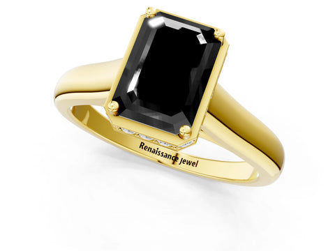 Yellow gold Fancy Black Emerald Cut Solitaire Diamond Engagement Ring with Four-Prong Setting and Tapered Band_1