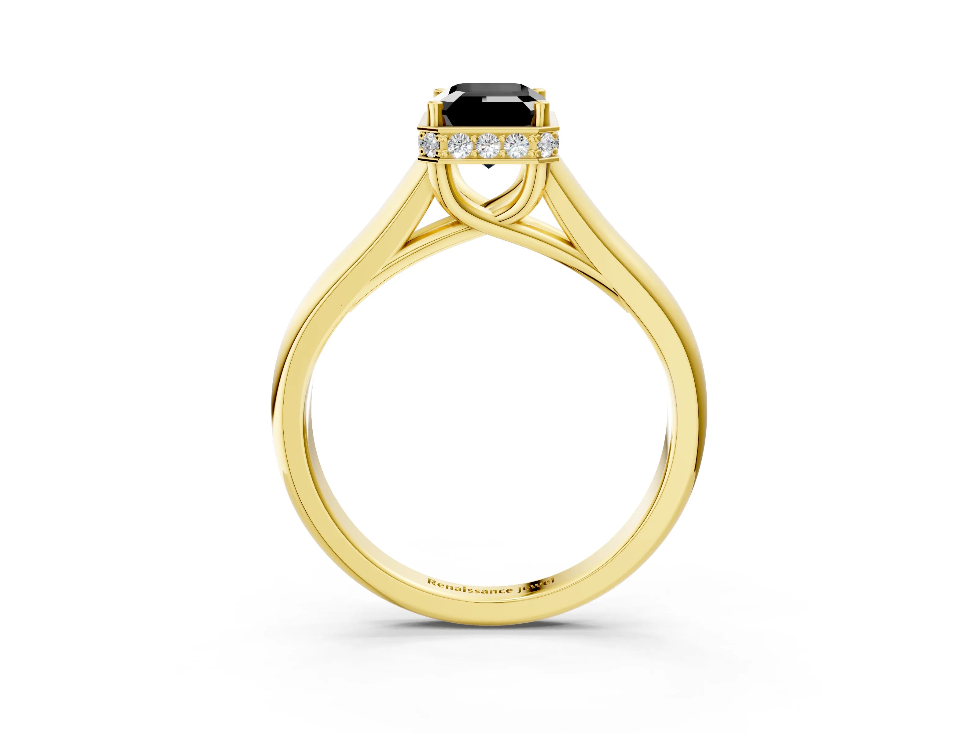Yellow gold Fancy Black Emerald Cut Solitaire Diamond Engagement Ring with Four-Prong Setting and Tapered Band_3