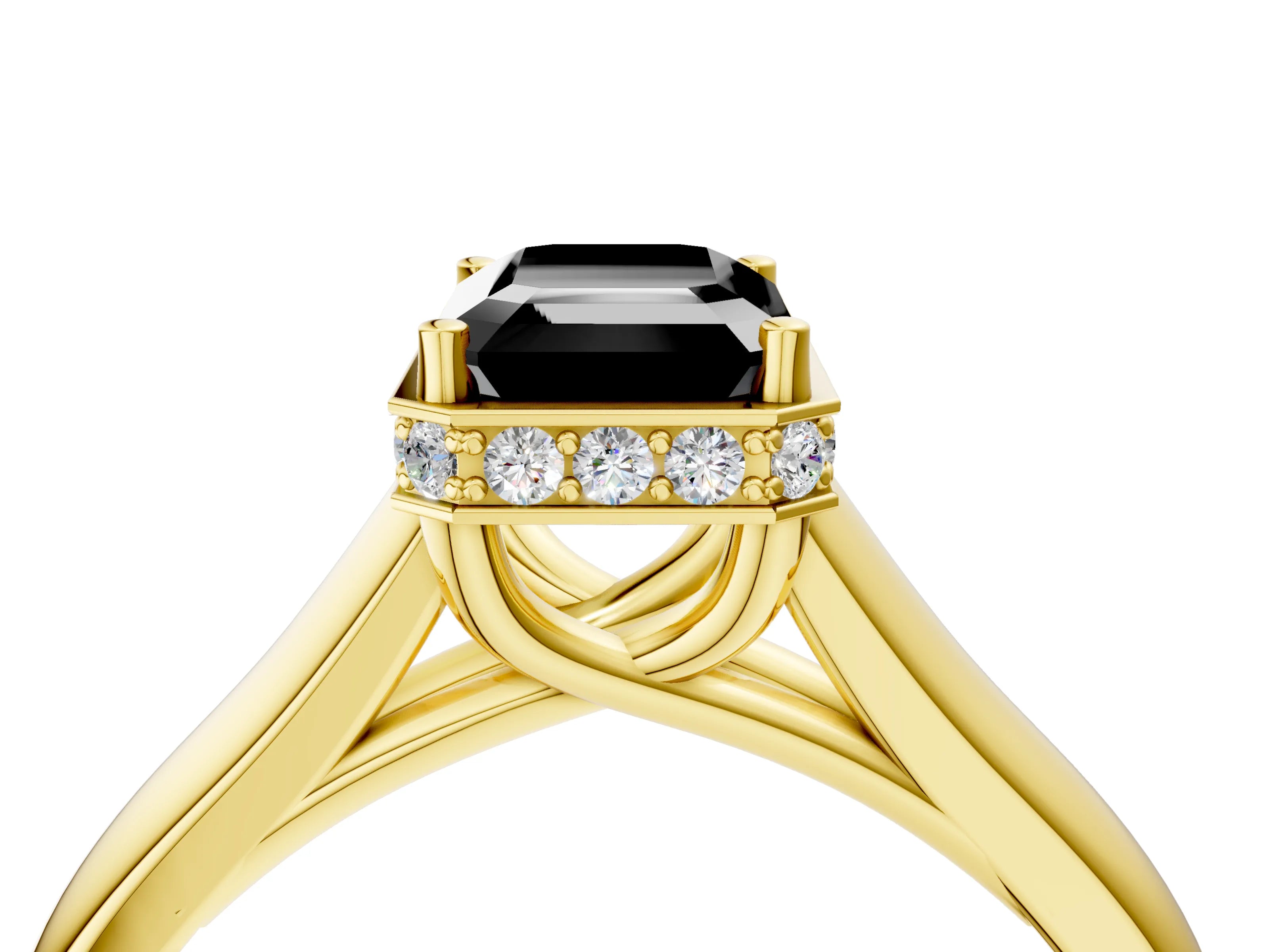 Yellow gold Fancy Black Emerald Cut Solitaire Diamond Engagement Ring with Four-Prong Setting and Tapered Band_4