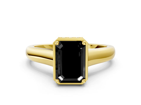 Yellow gold Fancy Black Emerald Cut Solitaire Diamond Engagement Ring with Four-Prong Setting and Tapered Band