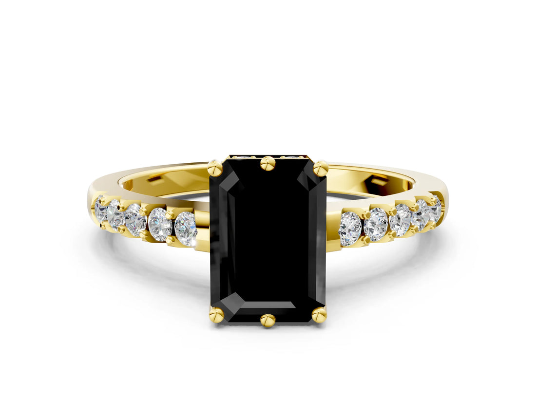 Yellow gold Fancy Black Emerald Cut Solitaire Diamond Engagement Ring with Pavé Band and Six-Prong Setting_12