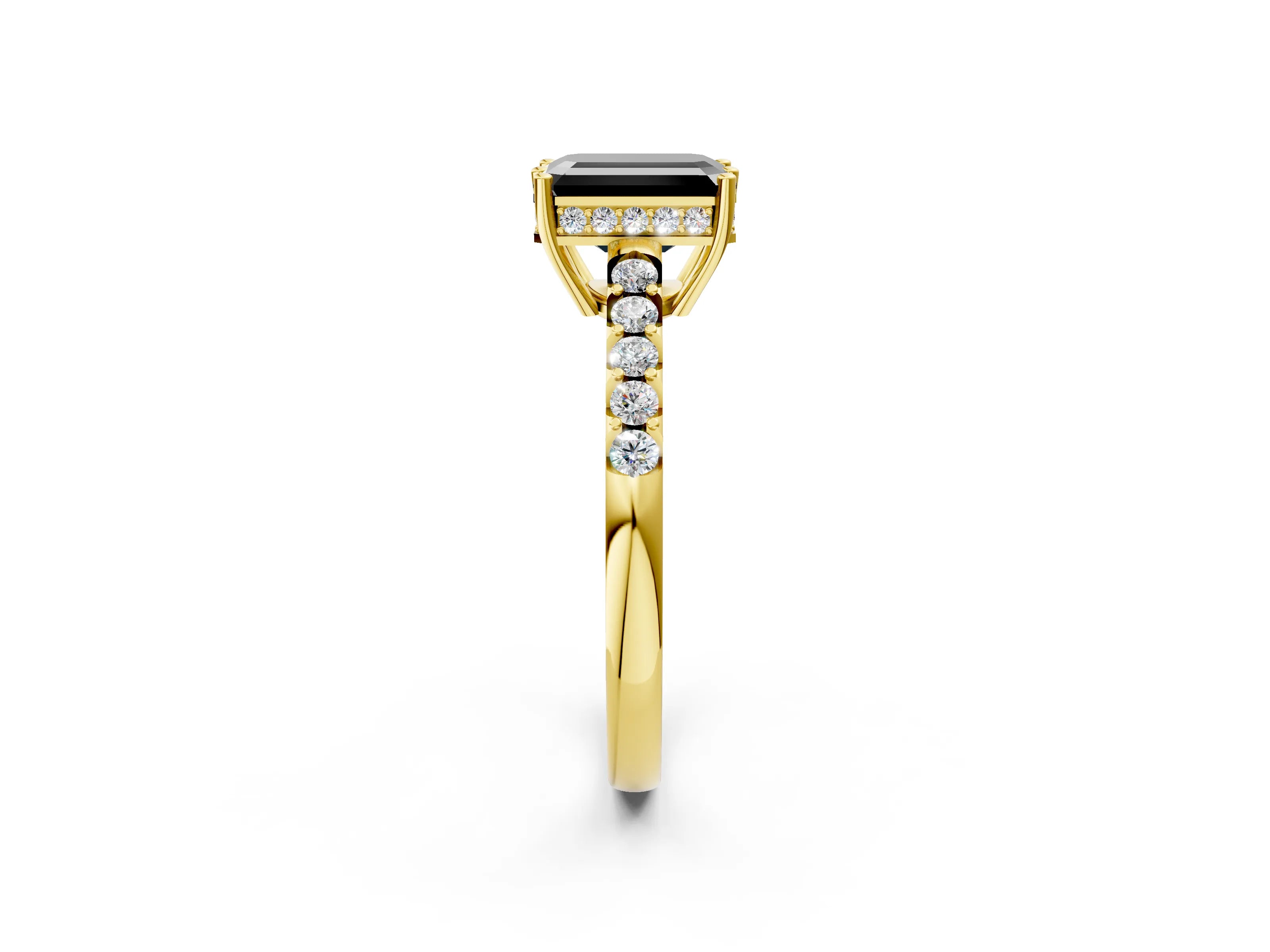 Yellow gold Fancy Black Emerald Cut Solitaire Diamond Engagement Ring with Pavé Band and Six-Prong Setting_14