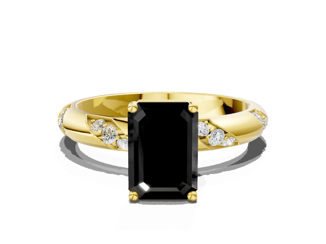 Yellow gold Fancy Black Emerald Cut Solitaire Diamond Engagement Ring with Twisted Pave Band and Four-Prong Setting_3