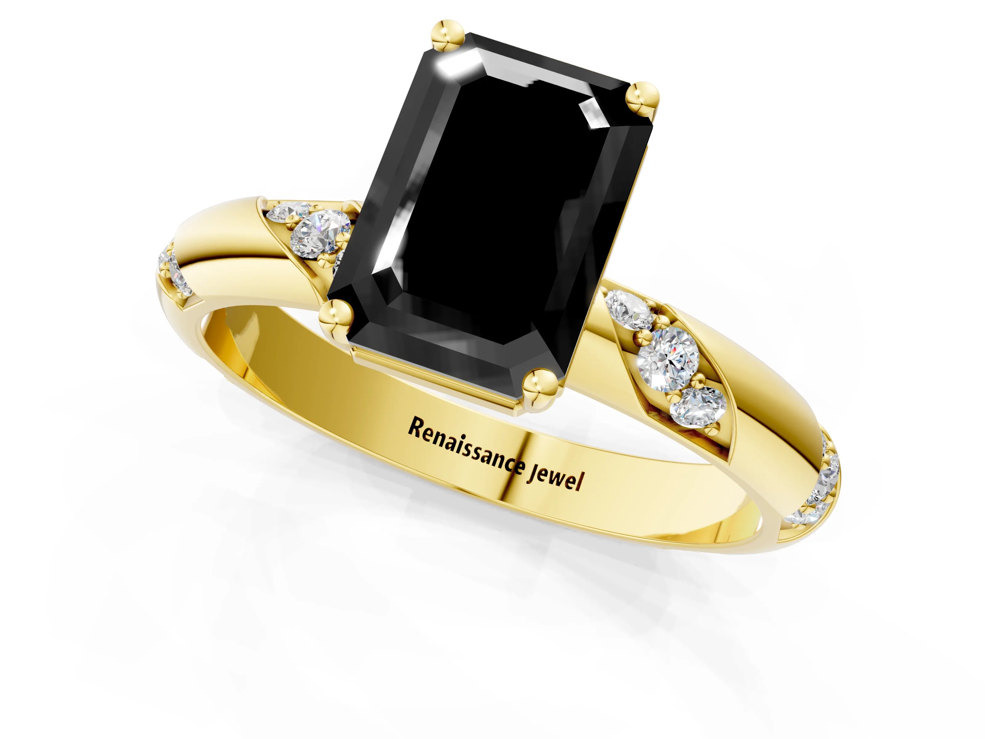 Yellow gold Fancy Black Emerald Cut Solitaire Diamond Engagement Ring with Twisted Pave Band and Four-Prong Setting_4