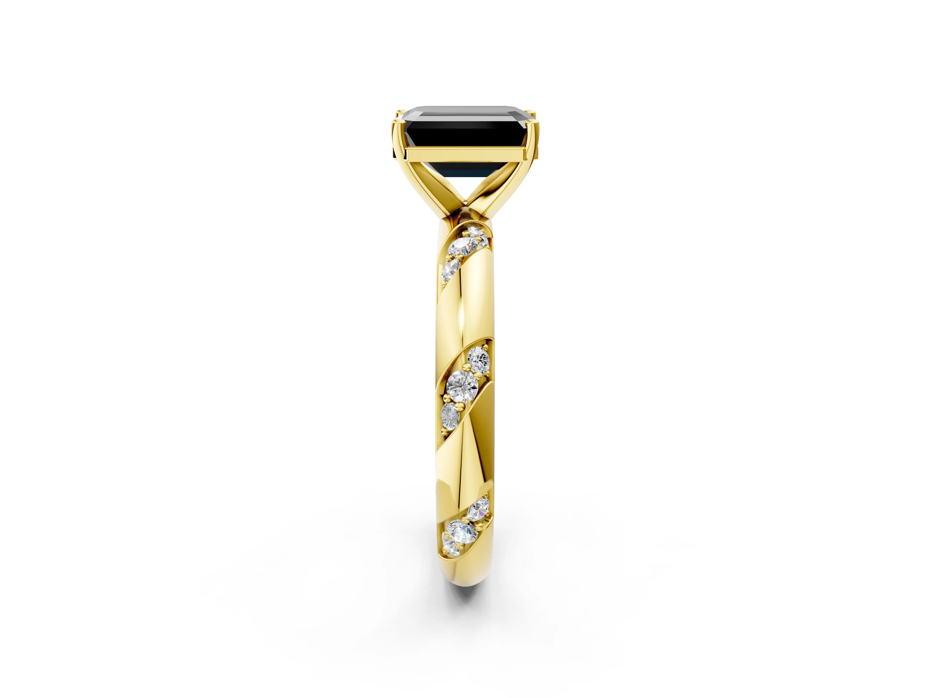 Yellow gold Fancy Black Emerald Cut Solitaire Diamond Engagement Ring with Twisted Pave Band and Four-Prong Setting_5