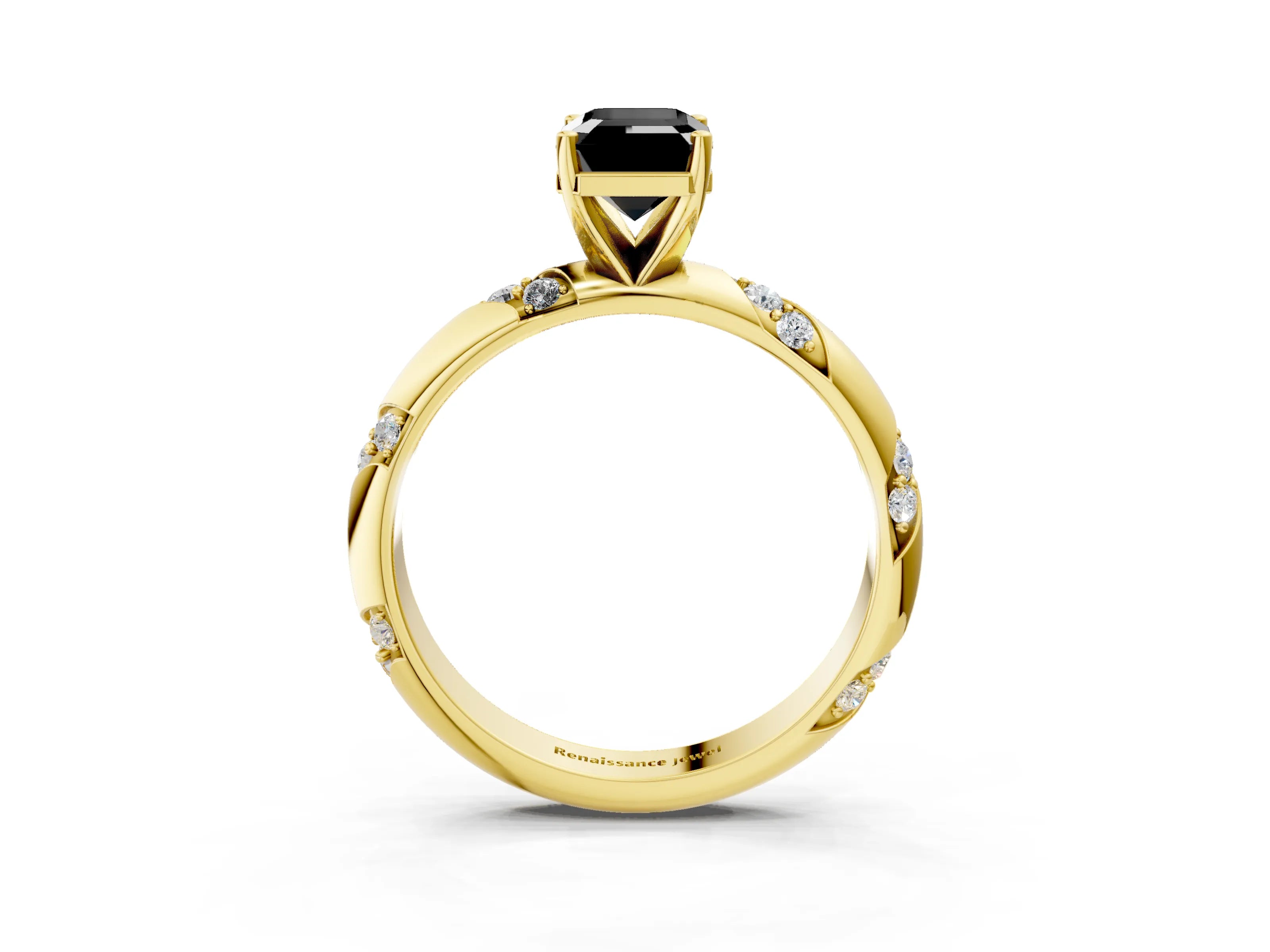 Yellow gold Fancy Black Emerald Cut Solitaire Diamond Engagement Ring with Twisted Pave Band and Four-Prong Setting_6