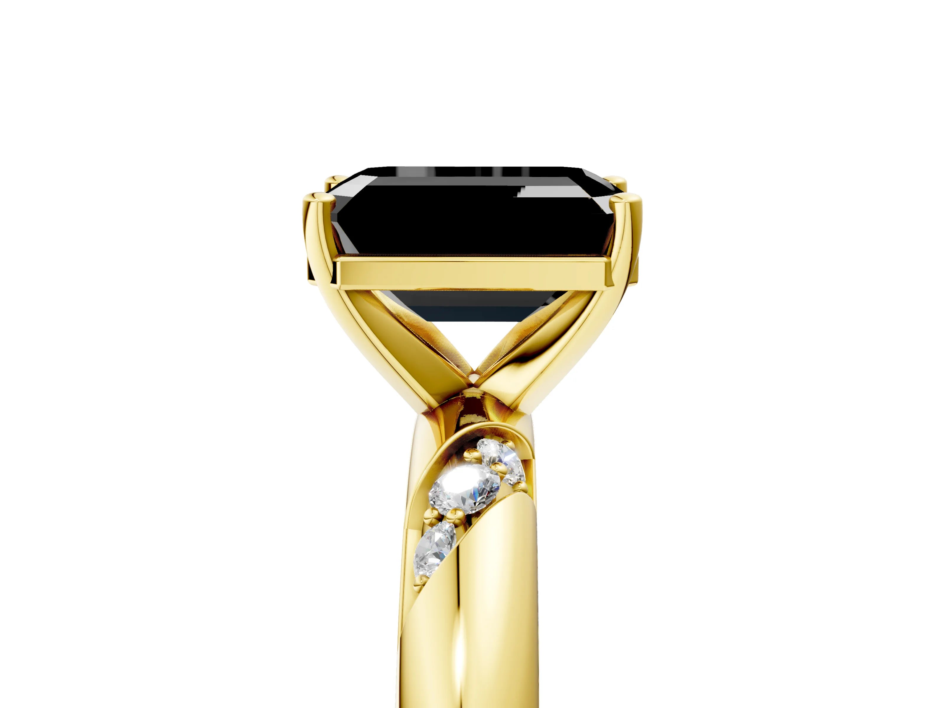 Yellow gold Fancy Black Emerald Cut Solitaire Diamond Engagement Ring with Twisted Pave Band and Four-Prong Setting_8
