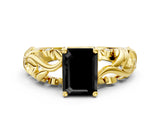 Yellow gold Fancy Black Emerald Cut Solitaire Diamond Leaf-Inspired Vine Band Ring with Prong Setting