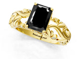 Yellow gold Fancy Black Emerald Cut Solitaire Diamond Leaf-Inspired Vine Band Ring with Prong Setting_1