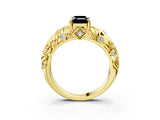 Yellow gold Fancy Black Emerald Cut Solitaire Diamond Leaf-Inspired Vine Band Ring with Prong Setting_3