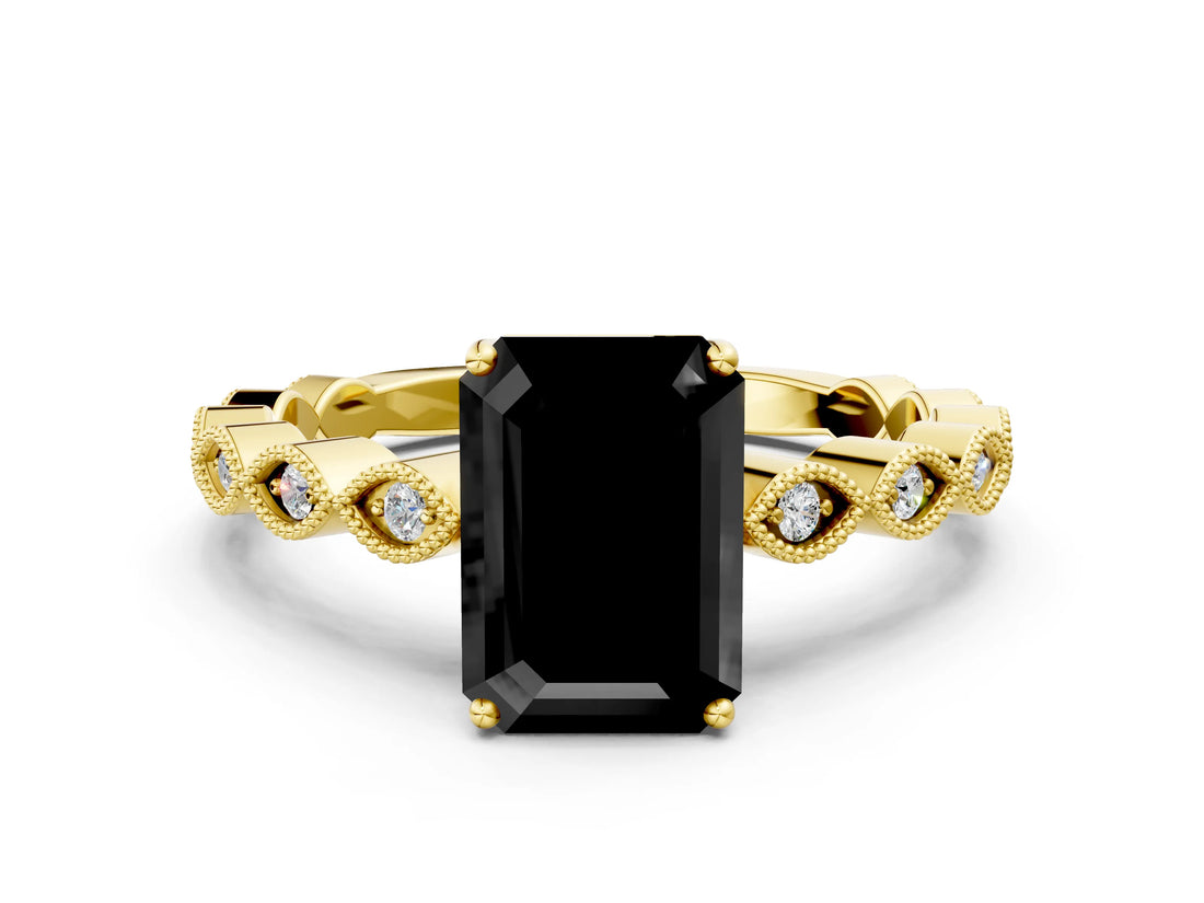 Yellow gold Fancy Black Emerald Cut Solitaire Diamond Ring with Infinity Twist Band and Four-Prong Setting