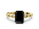 Yellow gold Fancy Black Emerald Cut Solitaire Diamond Ring with Infinity Twist Band and Four-Prong Setting