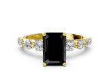 Yellow gold Fancy Black Emerald Cut Solitaire Diamond Ring with Pave Band and Four-Prong Setting