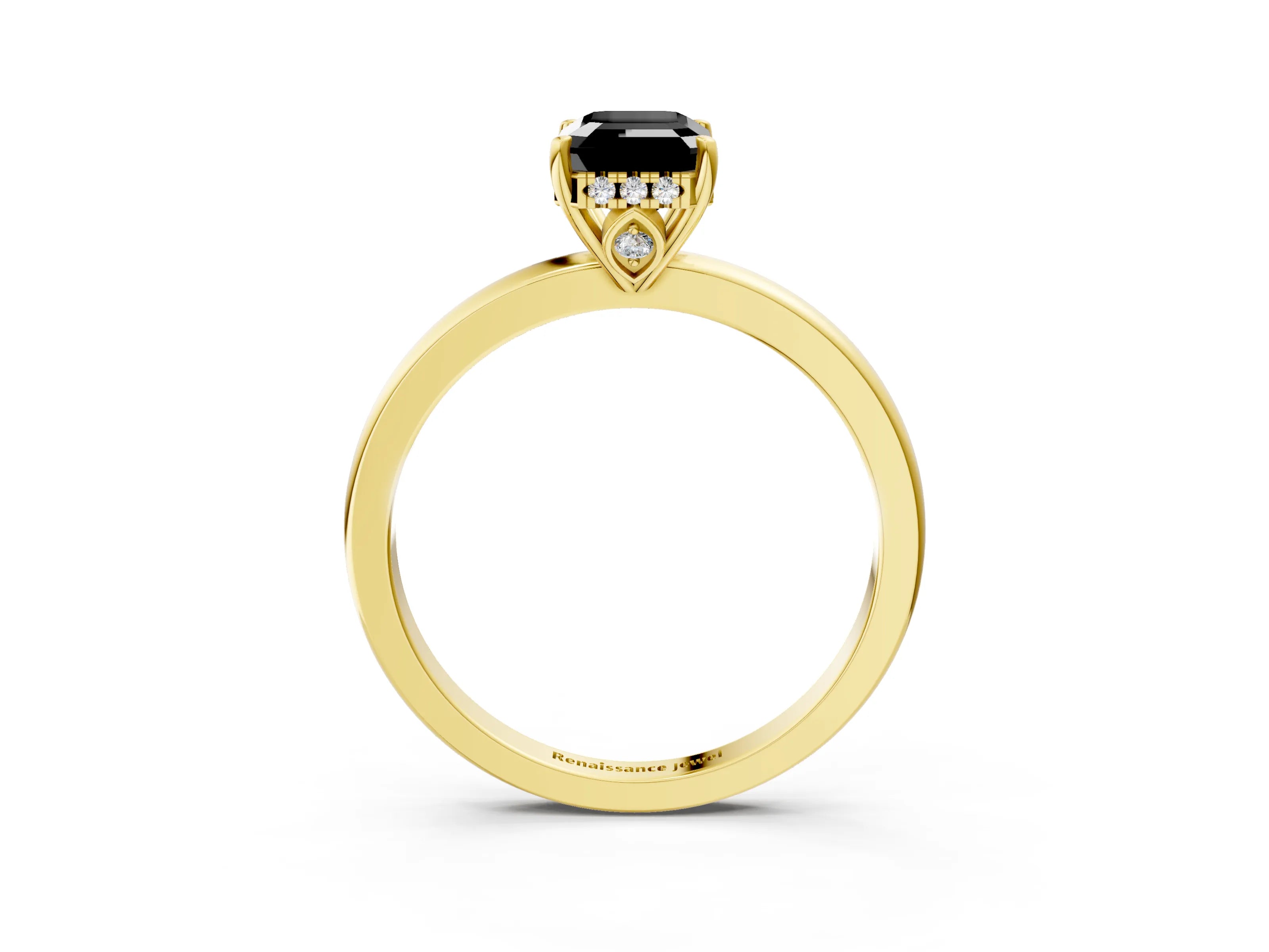 Yellow gold Fancy Black Emerald Cut Solitaire Diamond Ring with Prong Setting and Plain Band_3