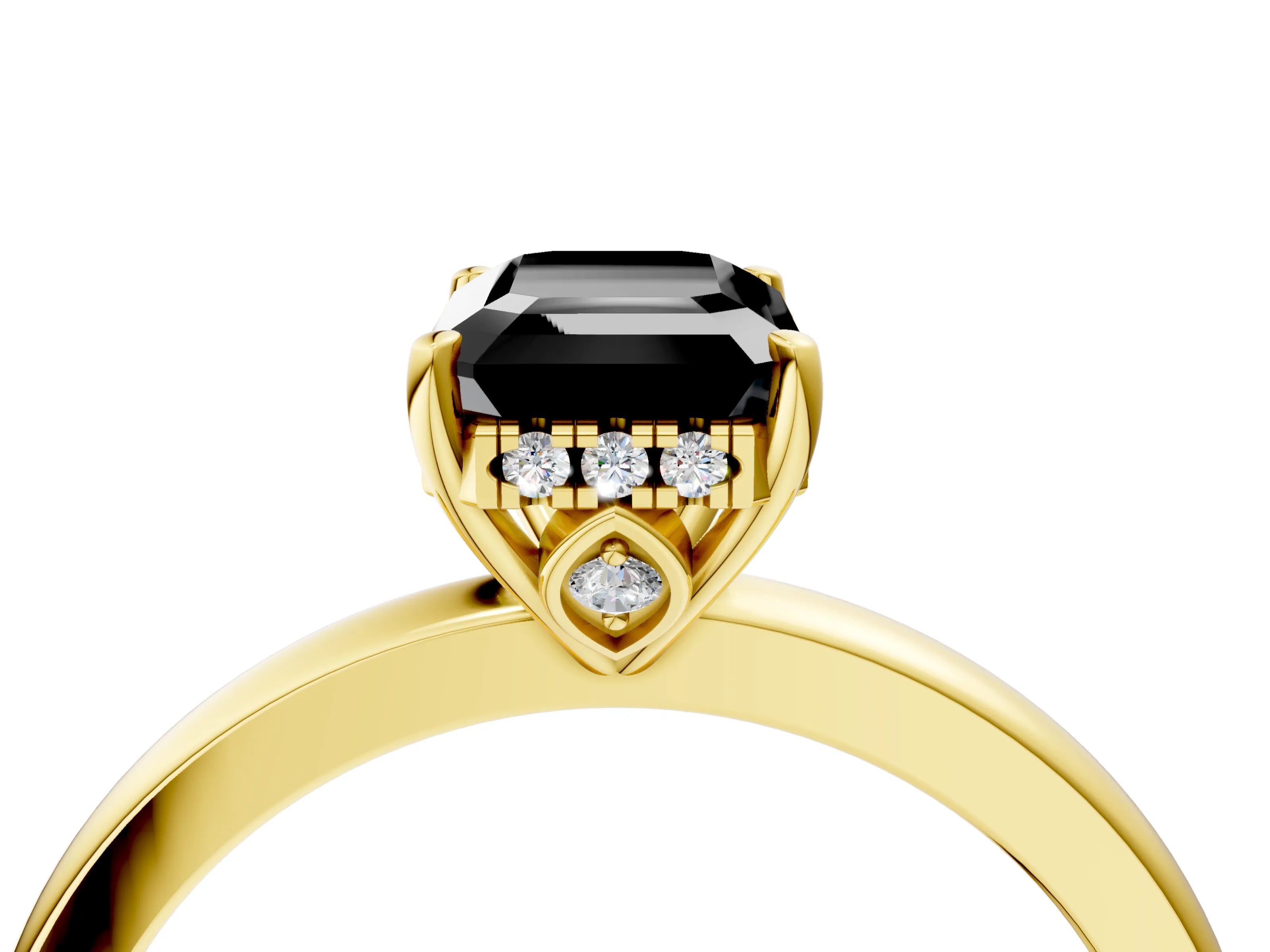 Yellow gold Fancy Black Emerald Cut Solitaire Diamond Ring with Prong Setting and Plain Band_4