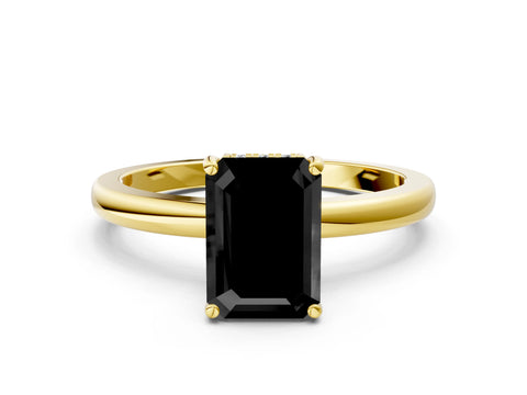 Yellow gold Fancy Black Emerald Cut Solitaire Diamond Ring with Prong Setting and Plain Band